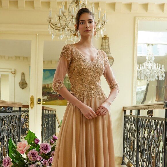 New A-Line Chiffon Mother Of Bride Gown w/ Beads Embroidery 3/4